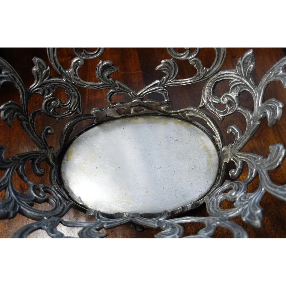vintage pewter oval Victorian basket‎ ornate decor metal freestanding